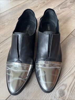 Women’s Slip-On Leather Loafers with Metallic Toe - Black and Silver